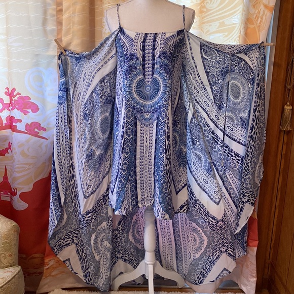 BLUE & WHITE MAXI/MIDI WITH WRAP AROUND CAPE DRESS SIZE MED - Picture 1 of 10